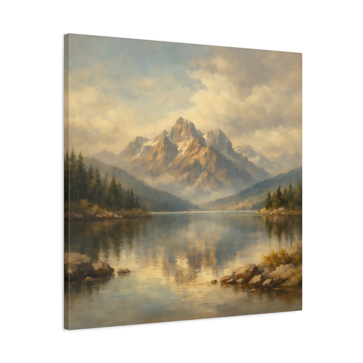 Side Mockup 3. Nature Mountain Lake Golden Mountain Lake shown as stretched canvas wall art