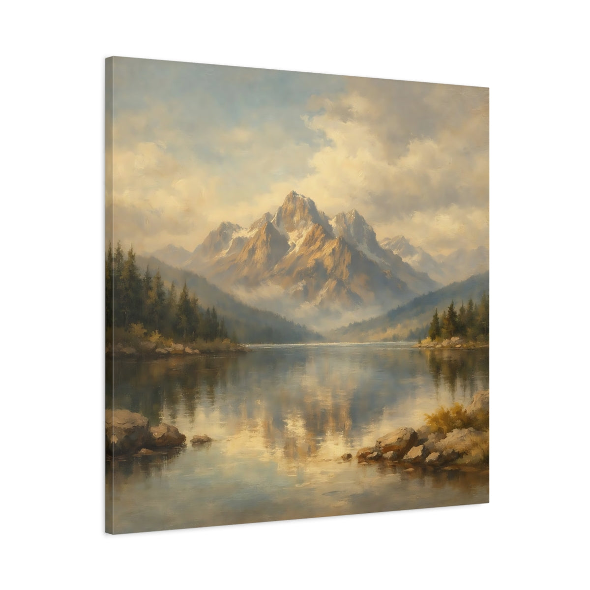 Side Mockup 2. Nature Mountain Lake Golden Mountain Lake shown as stretched canvas wall art