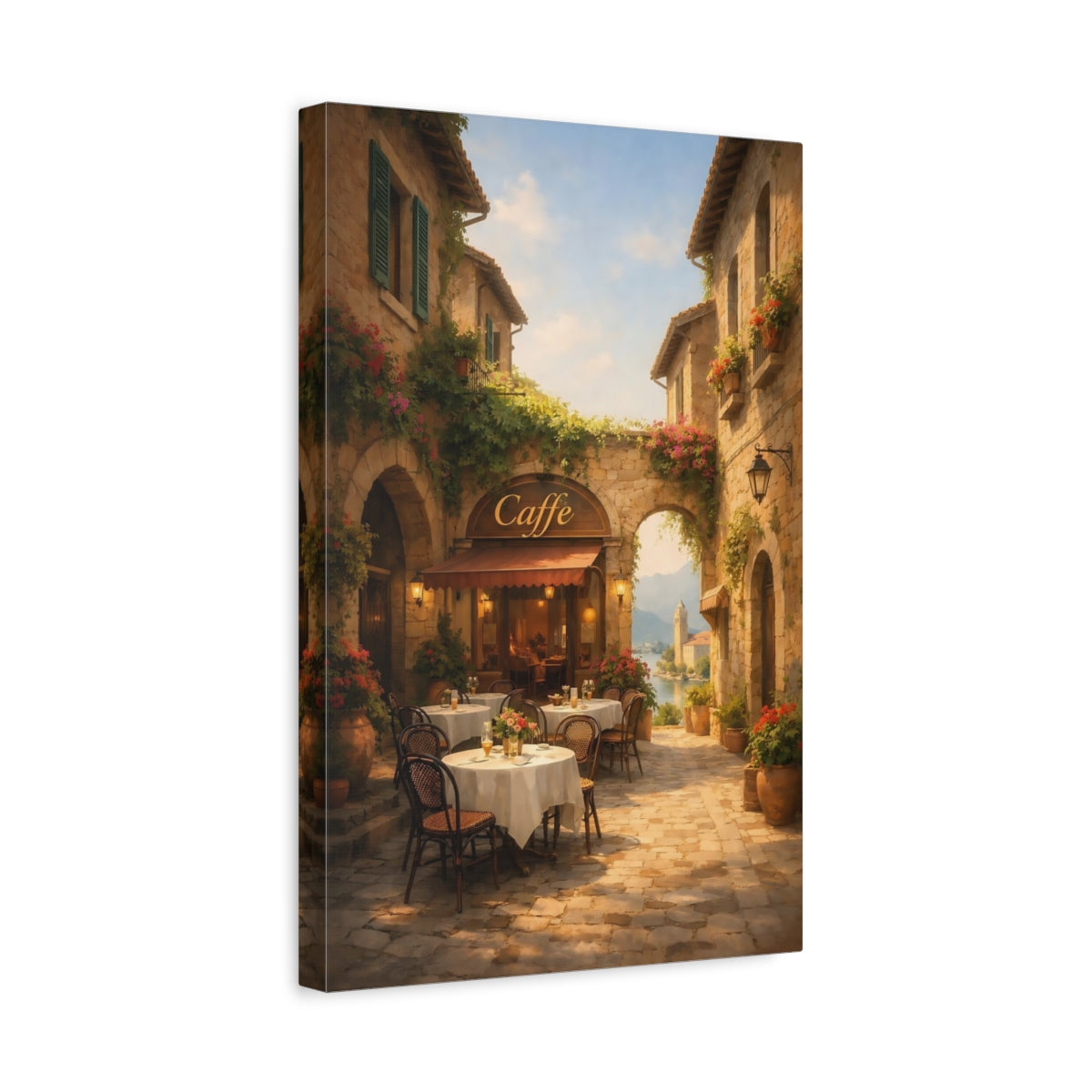 Side Mockup 4. Nature Cafe Terrace Mediterranean Cafe shown as stretched canvas wall art
