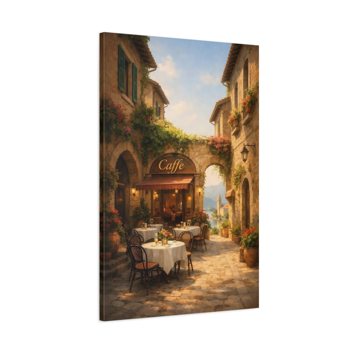 Side Mockup 1. Nature Cafe Terrace Mediterranean Cafe shown as stretched canvas wall art