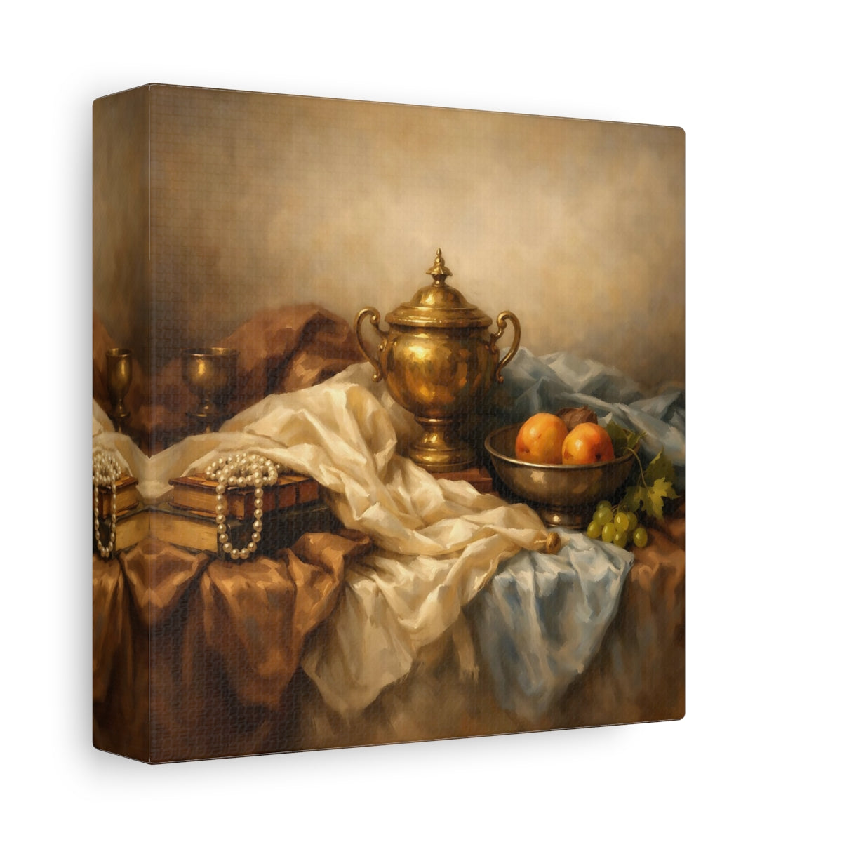 Side Mockup 1. Vintage Golden Urn Brown And Gold shown as stretched canvas wall art