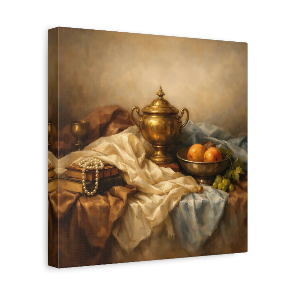 Side Mockup 8. Vintage Golden Urn Brown And Gold shown as stretched canvas wall art
