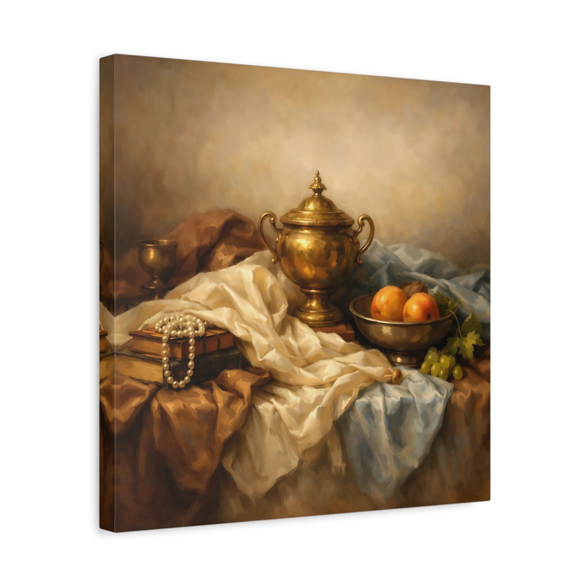Side Mockup 6. Vintage Golden Urn Brown And Gold shown as stretched canvas wall art