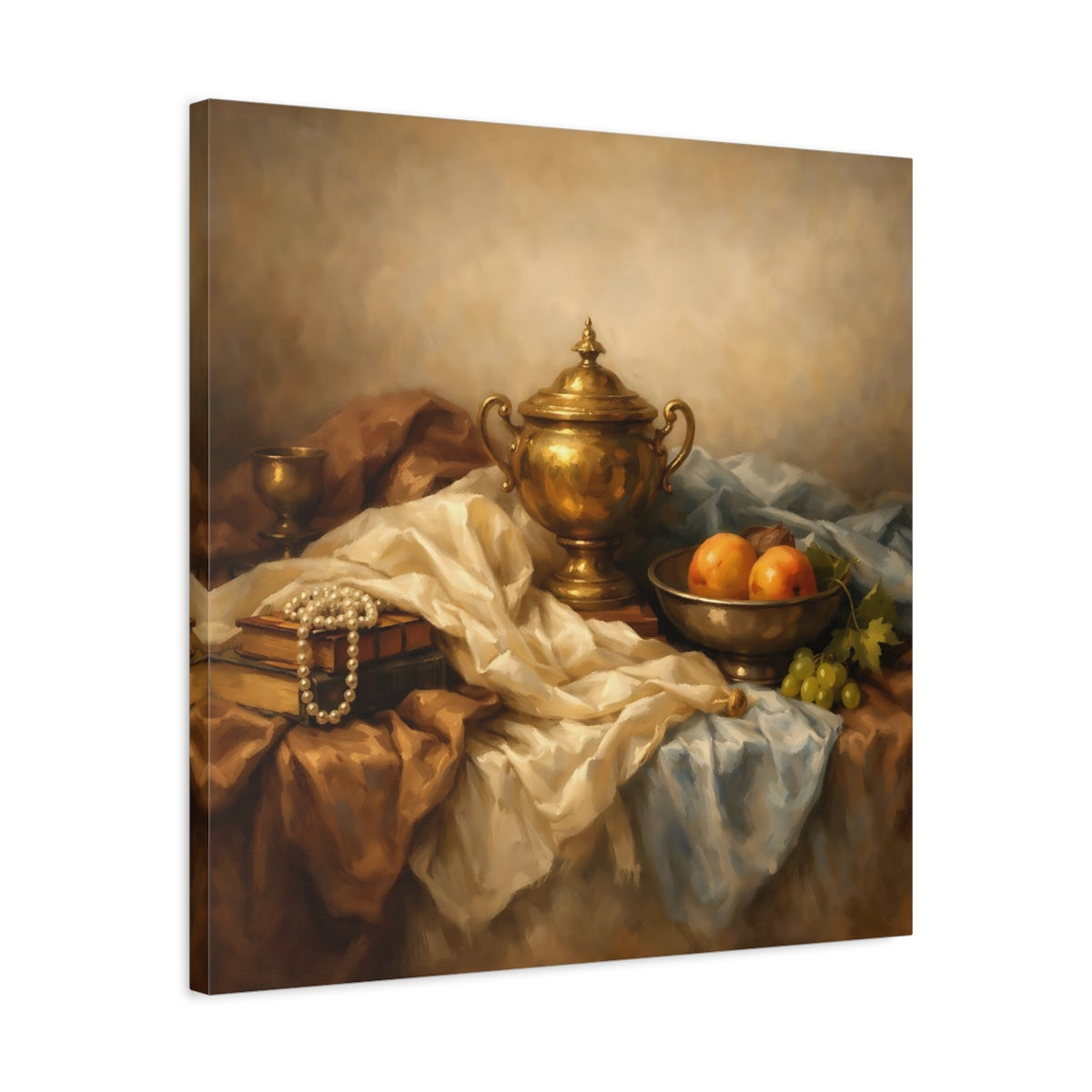 Side Mockup 4. Vintage Golden Urn Brown And Gold shown as stretched canvas wall art