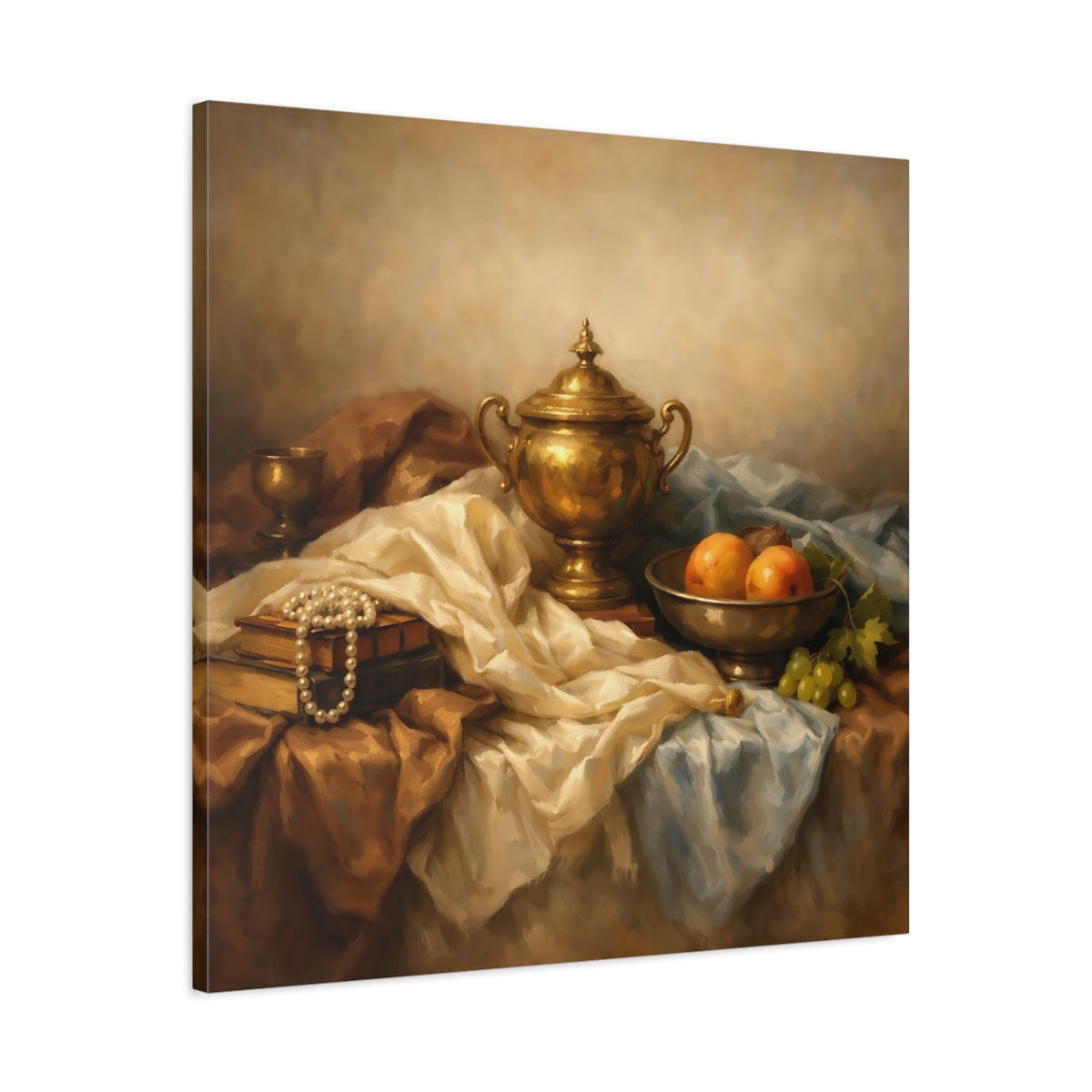 Side Mockup 3. Vintage Golden Urn Brown And Gold shown as stretched canvas wall art