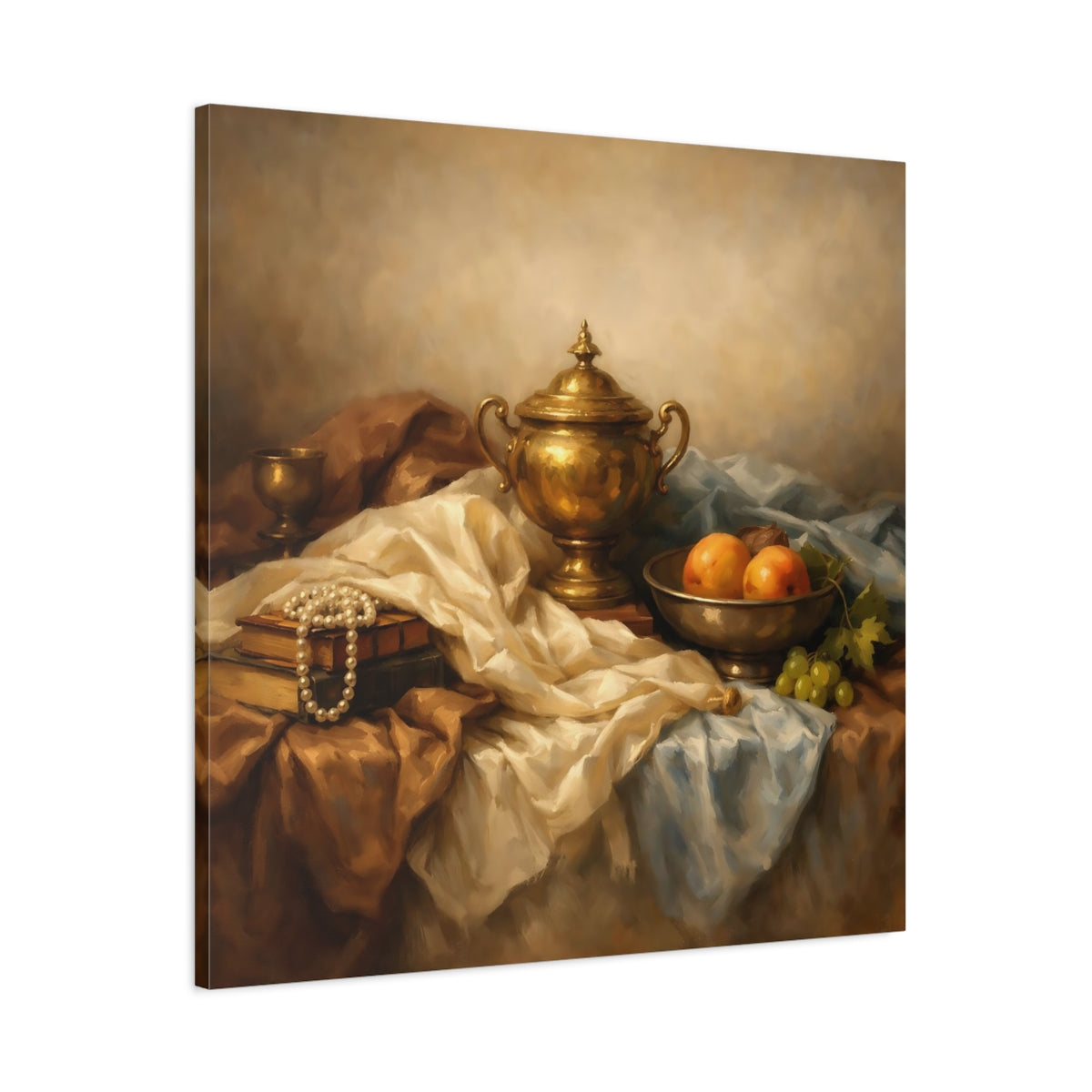 Side Mockup 2. Vintage Golden Urn Brown And Gold shown as stretched canvas wall art