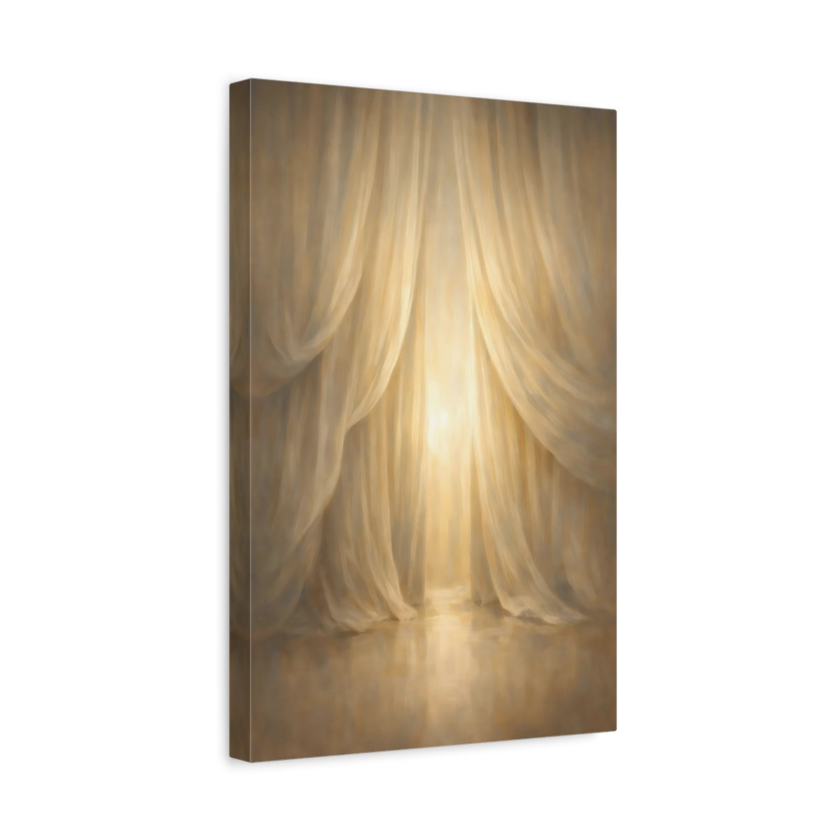 Side Mockup 4. Abstract Draped Curtains Golden Curtains shown as stretched canvas wall art