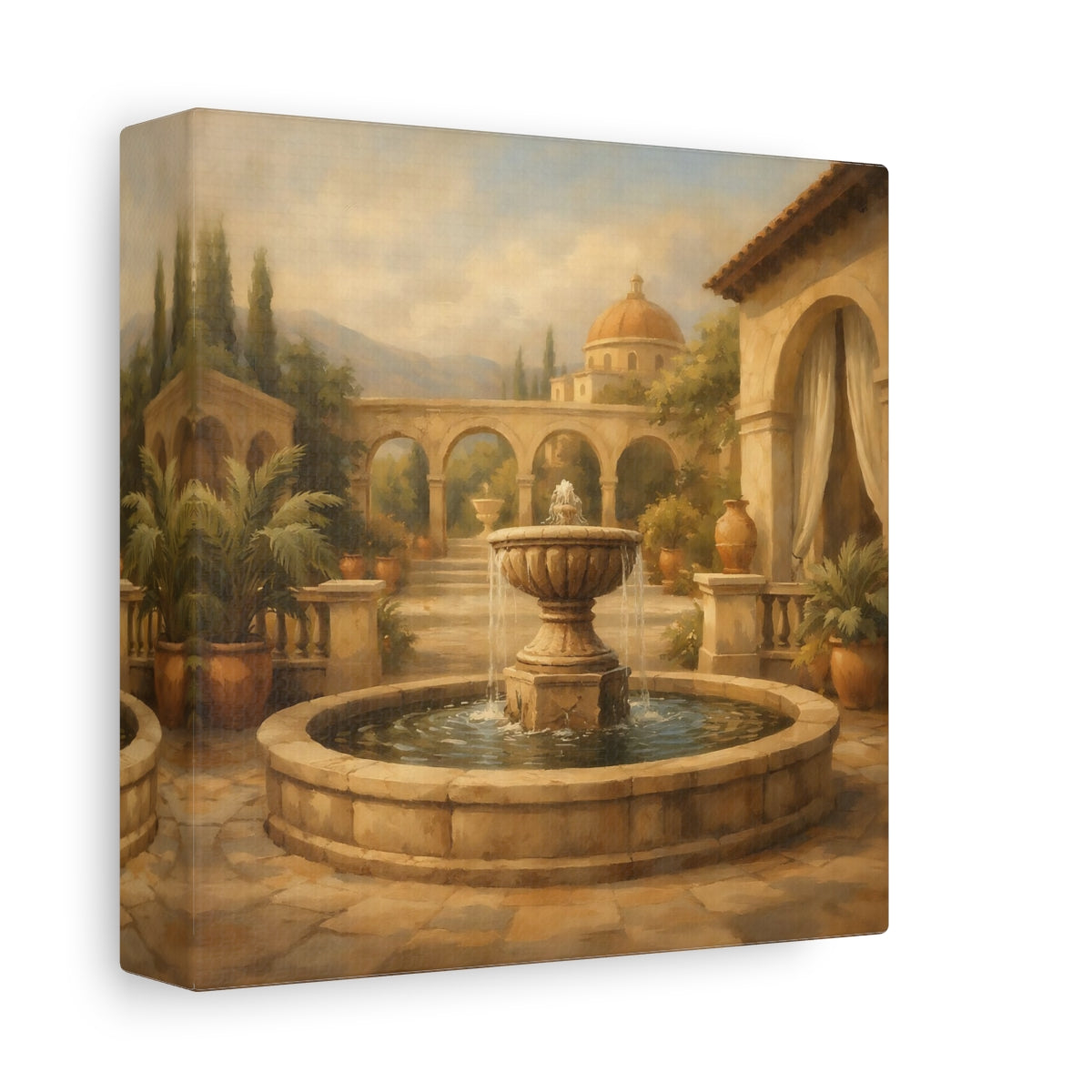 Side Mockup 1. Vintage Fountain Tuscan Courtyard shown as stretched canvas wall art