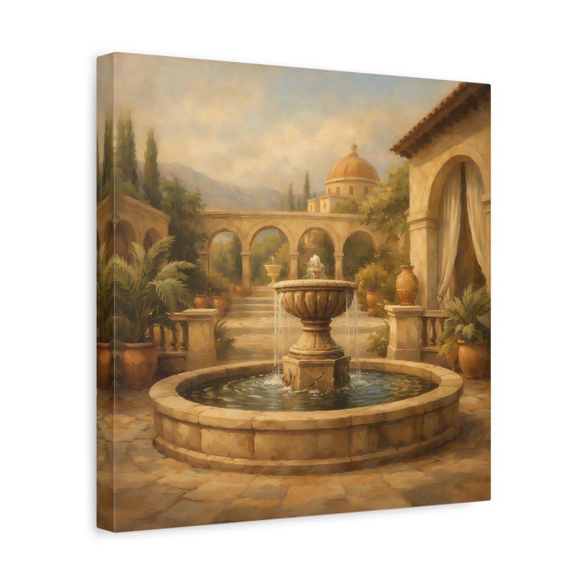 Side Mockup 7. Vintage Fountain Tuscan Courtyard shown as stretched canvas wall art