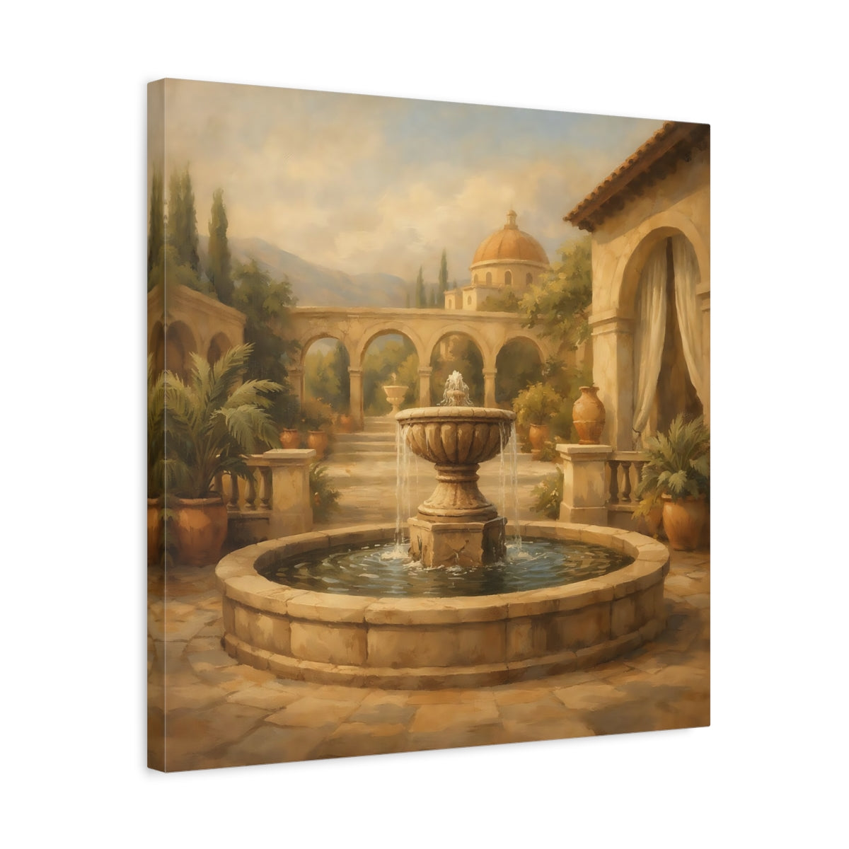 Side Mockup 5. Vintage Fountain Tuscan Courtyard shown as stretched canvas wall art