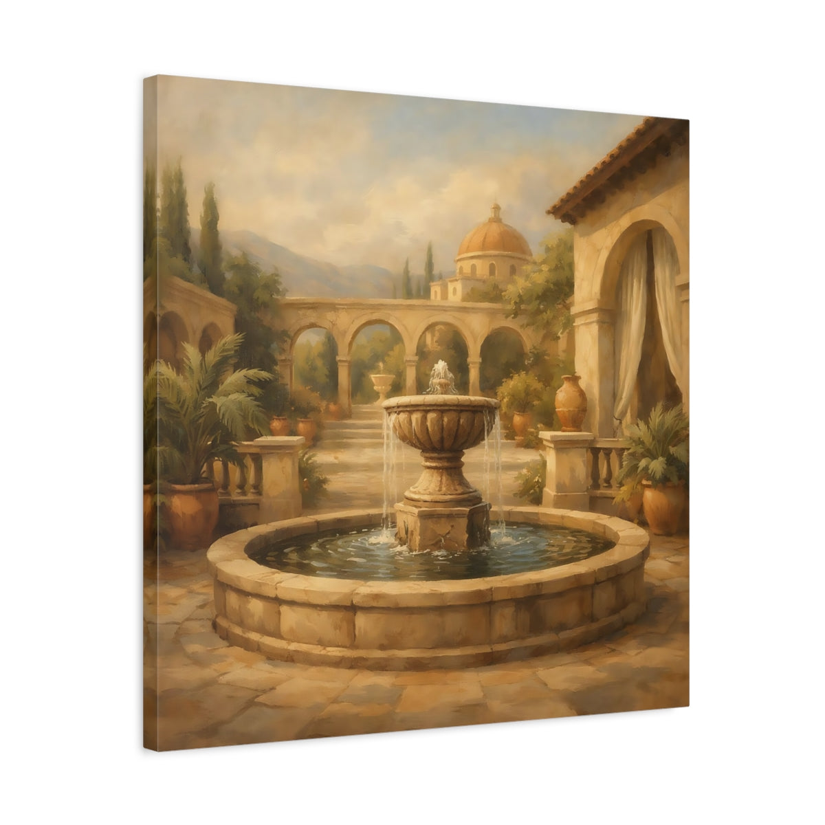 Side Mockup 4. Vintage Fountain Tuscan Courtyard shown as stretched canvas wall art