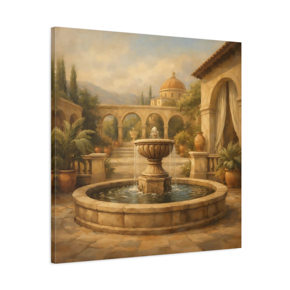Side Mockup 3. Vintage Fountain Tuscan Courtyard shown as stretched canvas wall art