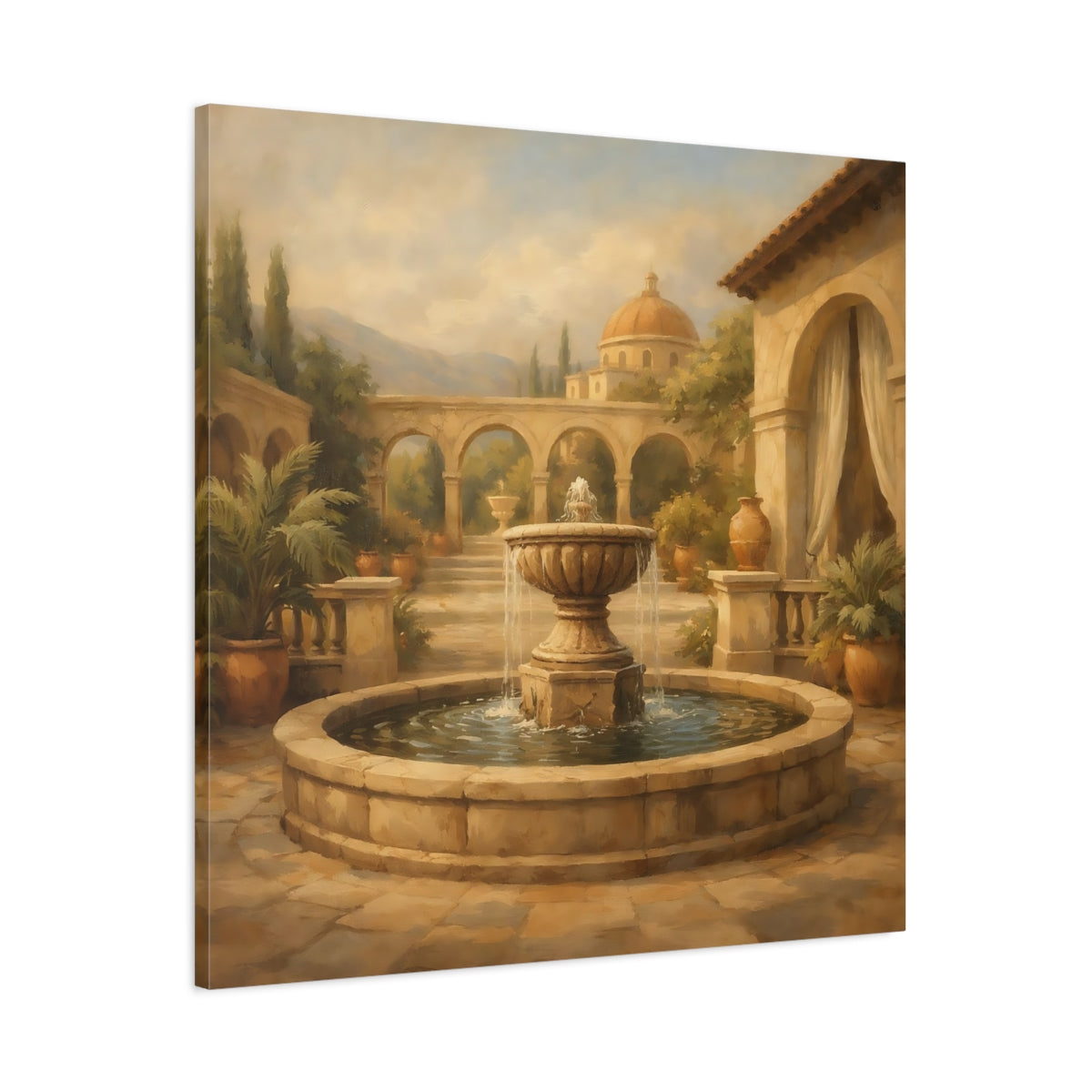 Side Mockup 2. Vintage Fountain Tuscan Courtyard shown as stretched canvas wall art