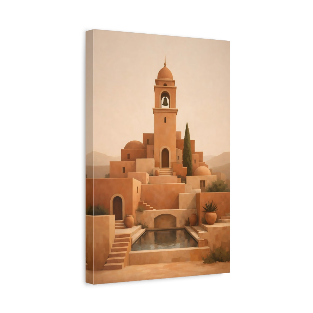 Side Mockup 4. Vintage Bell Tower Terracotta Village shown as stretched canvas wall art
