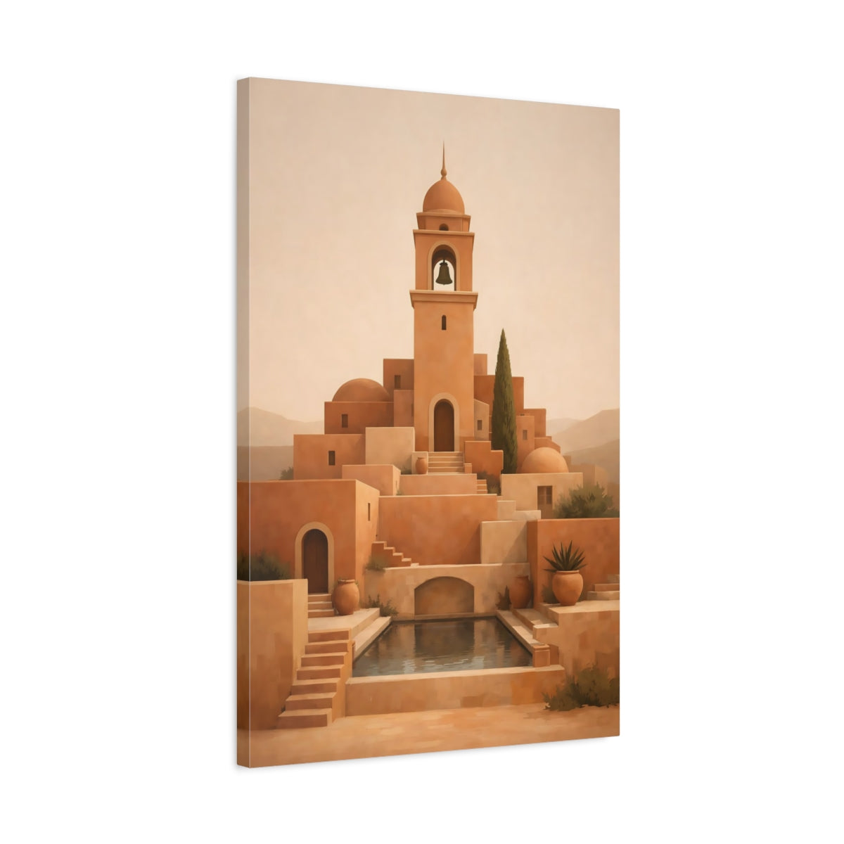 Side Mockup 2. Vintage Bell Tower Terracotta Village shown as stretched canvas wall art