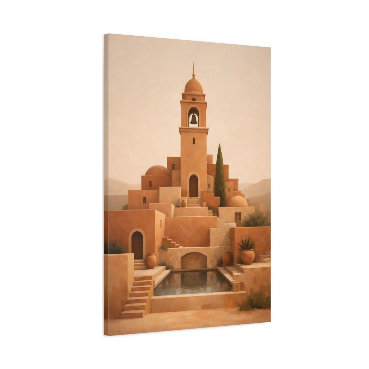 Side Mockup 1. Vintage Bell Tower Terracotta Village shown as stretched canvas wall art
