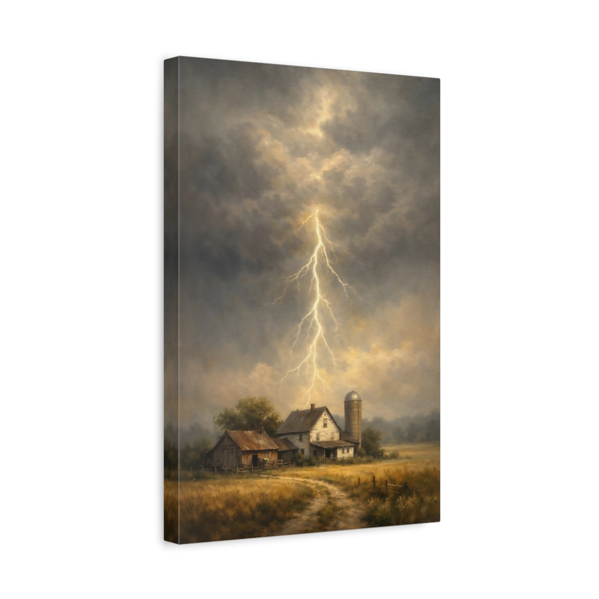Side Mockup 4. Nature Lightning Storm Stormy Farm shown as stretched canvas wall art