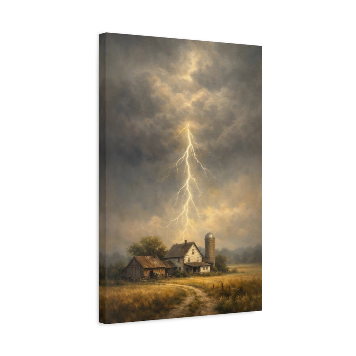 Side Mockup 3. Nature Lightning Storm Stormy Farm shown as stretched canvas wall art