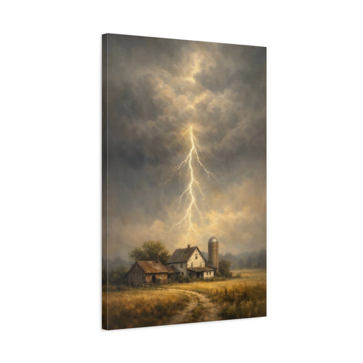 Side Mockup 2. Nature Lightning Storm Stormy Farm shown as stretched canvas wall art