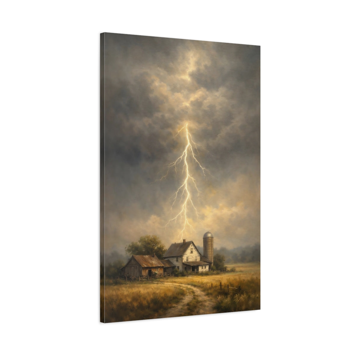 Side Mockup 1. Nature Lightning Storm Stormy Farm shown as stretched canvas wall art