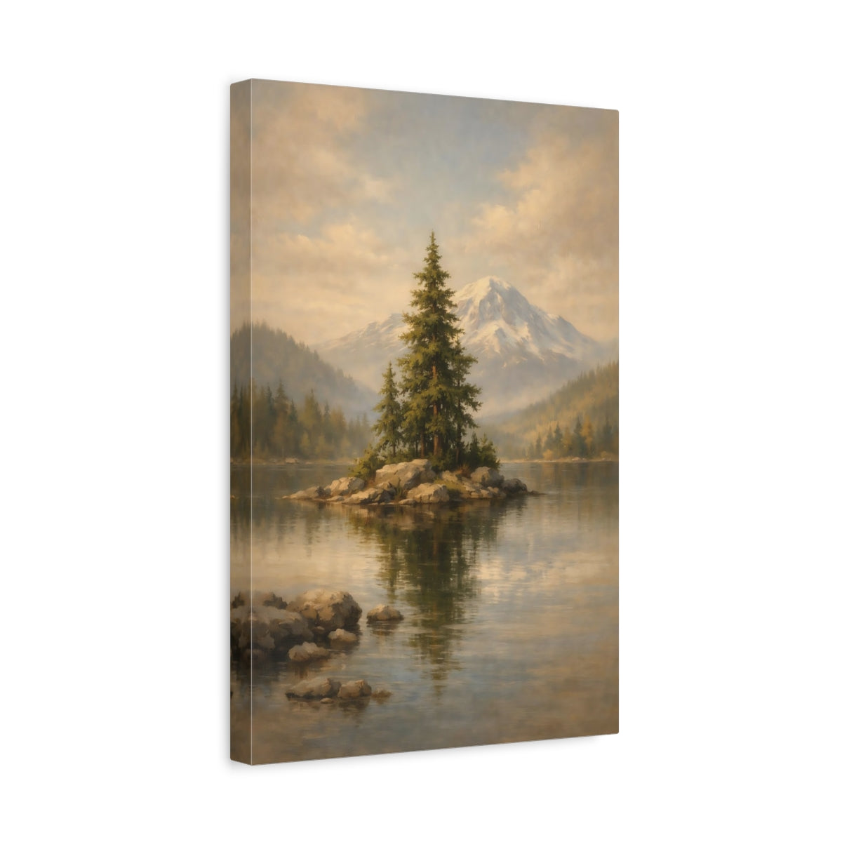 Side Mockup 4. Nature Lake Island Green Mountain Lake shown as stretched canvas wall art
