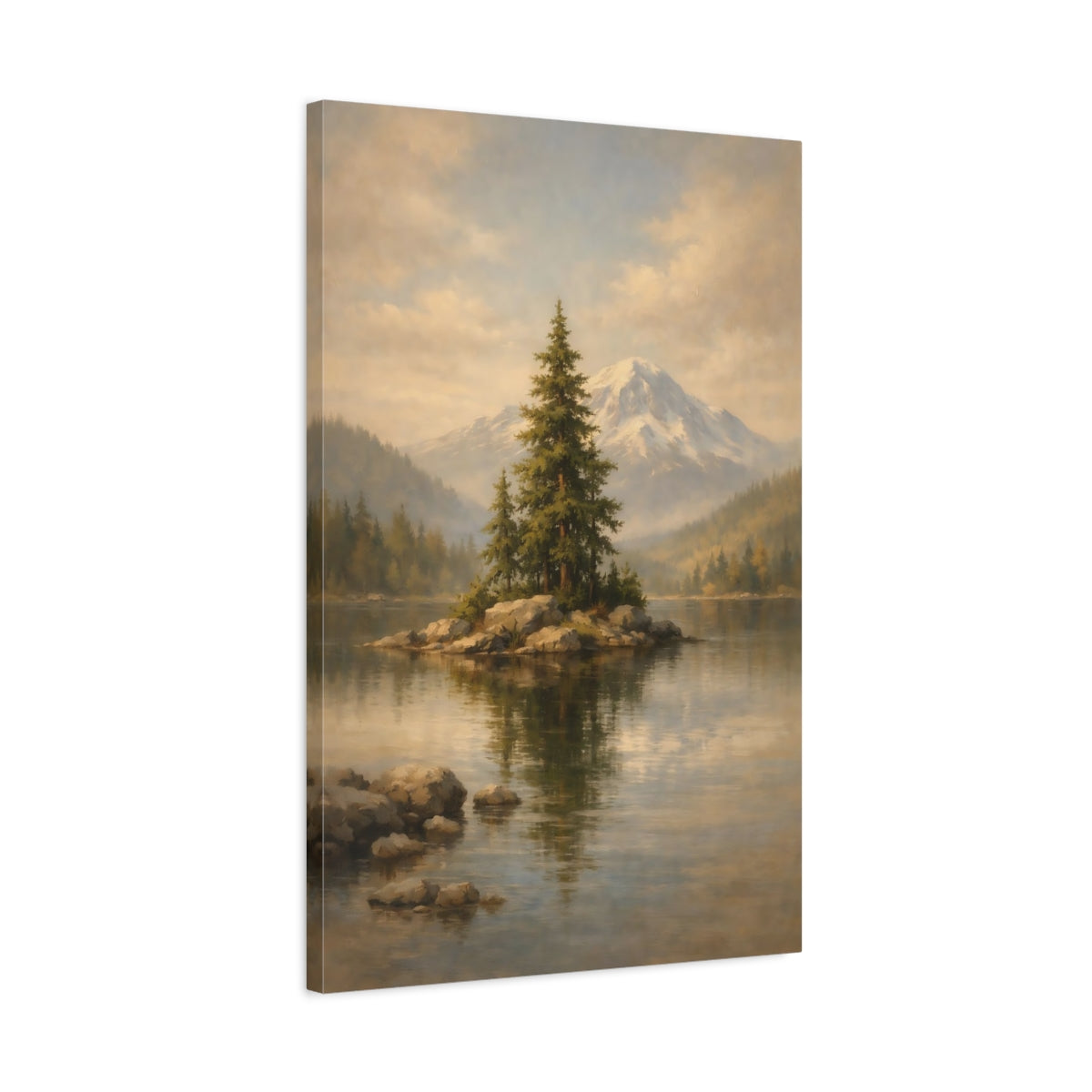 Side Mockup 2. Nature Lake Island Green Mountain Lake shown as stretched canvas wall art