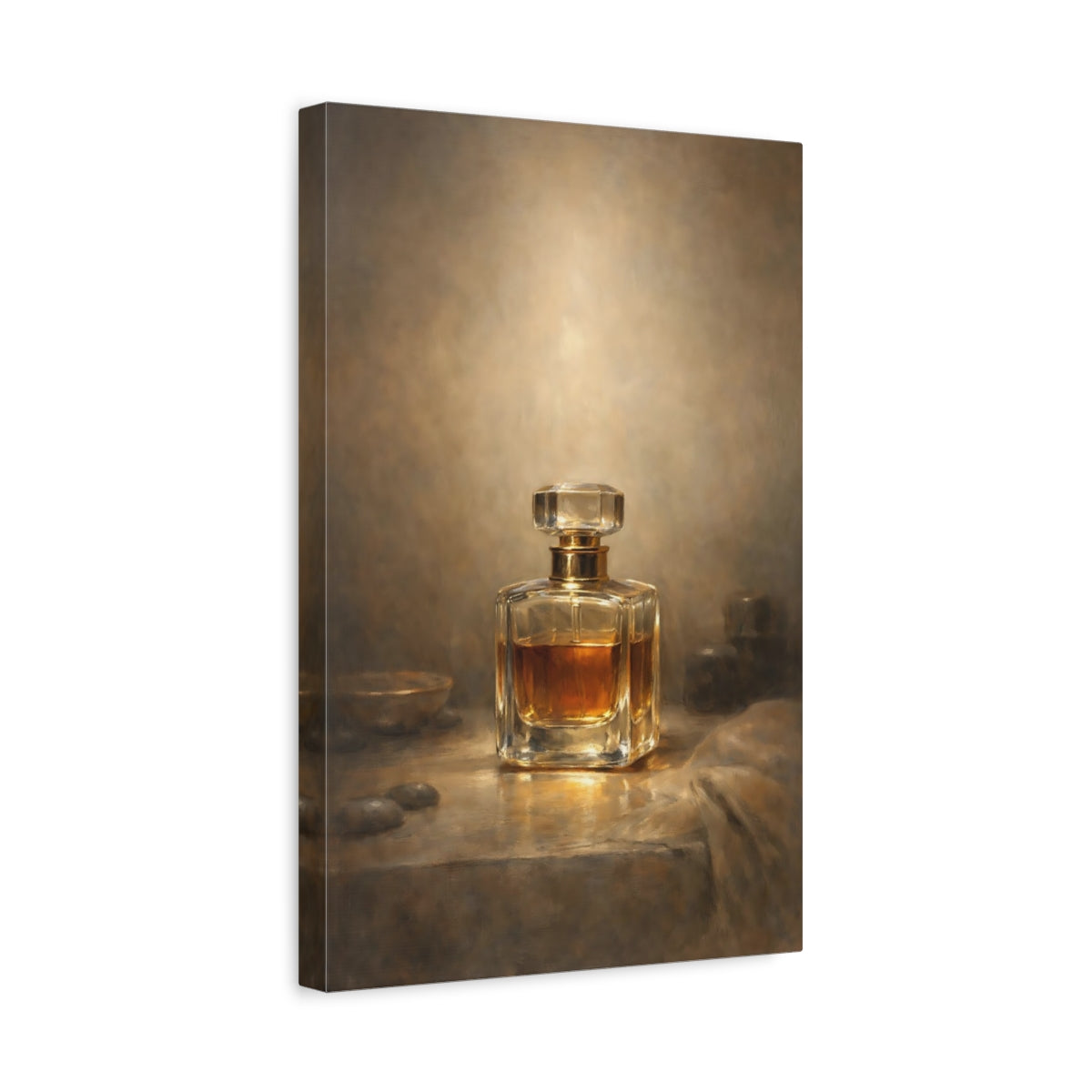 Side Mockup 4. Vintage Perfume Bottle Brown And Gold Perfume shown as stretched canvas wall art