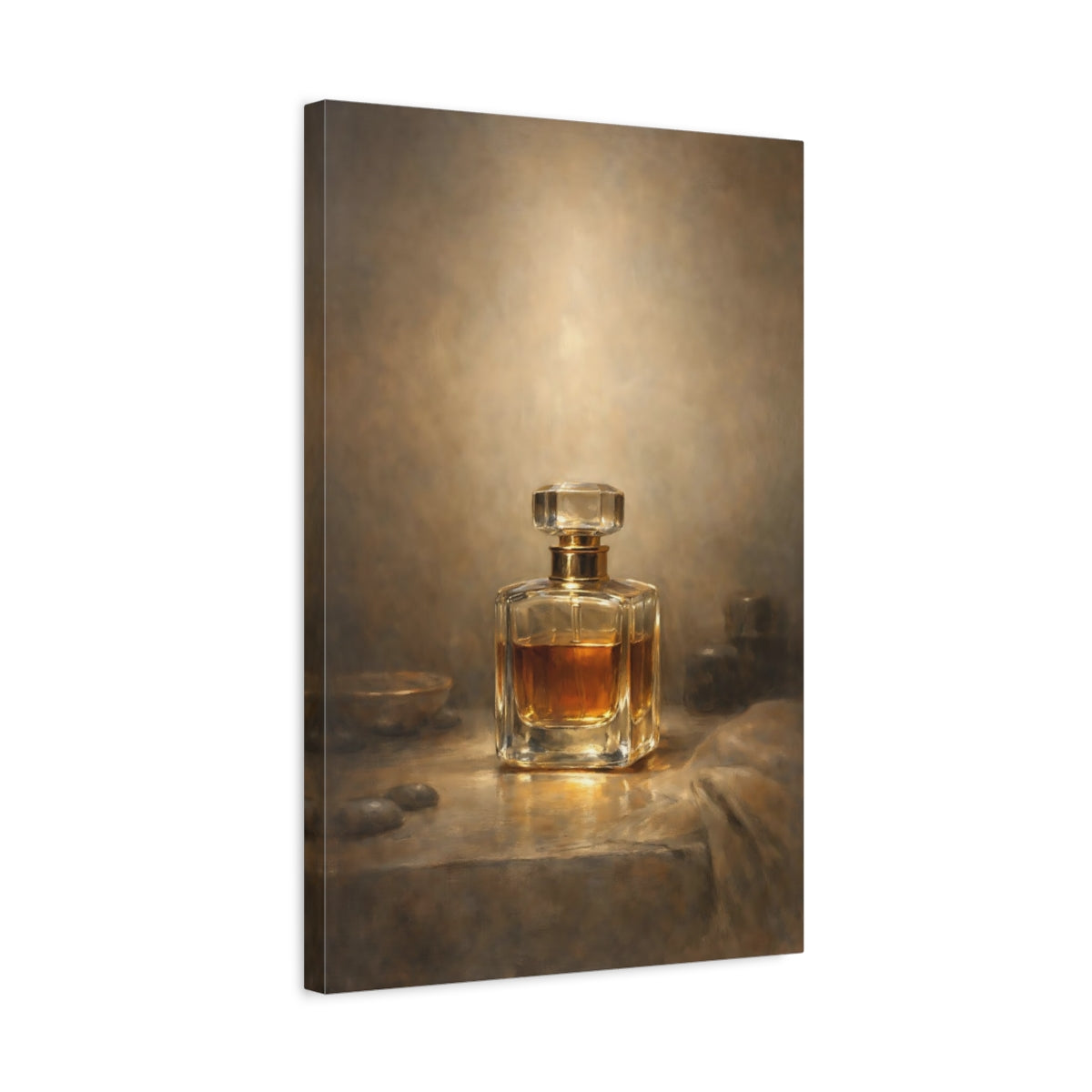 Side Mockup 3. Vintage Perfume Bottle Brown And Gold Perfume shown as stretched canvas wall art