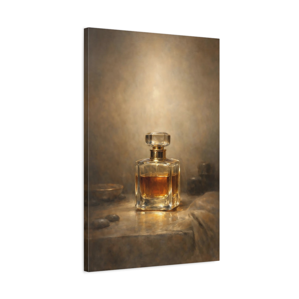 Side Mockup 2. Vintage Perfume Bottle Brown And Gold Perfume shown as stretched canvas wall art