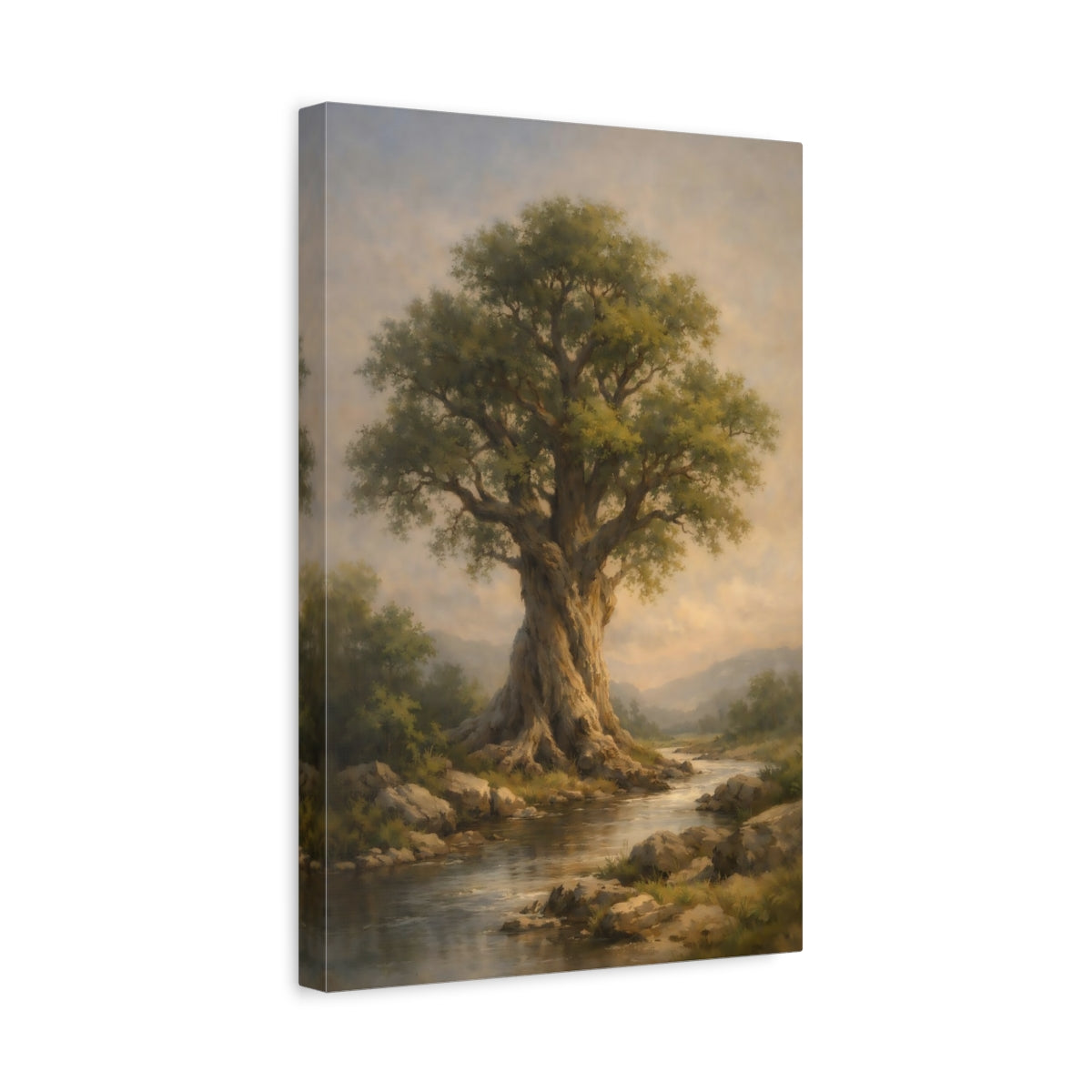 Side Mockup 4. Nature Ancient Tree Green Tree River shown as stretched canvas wall art