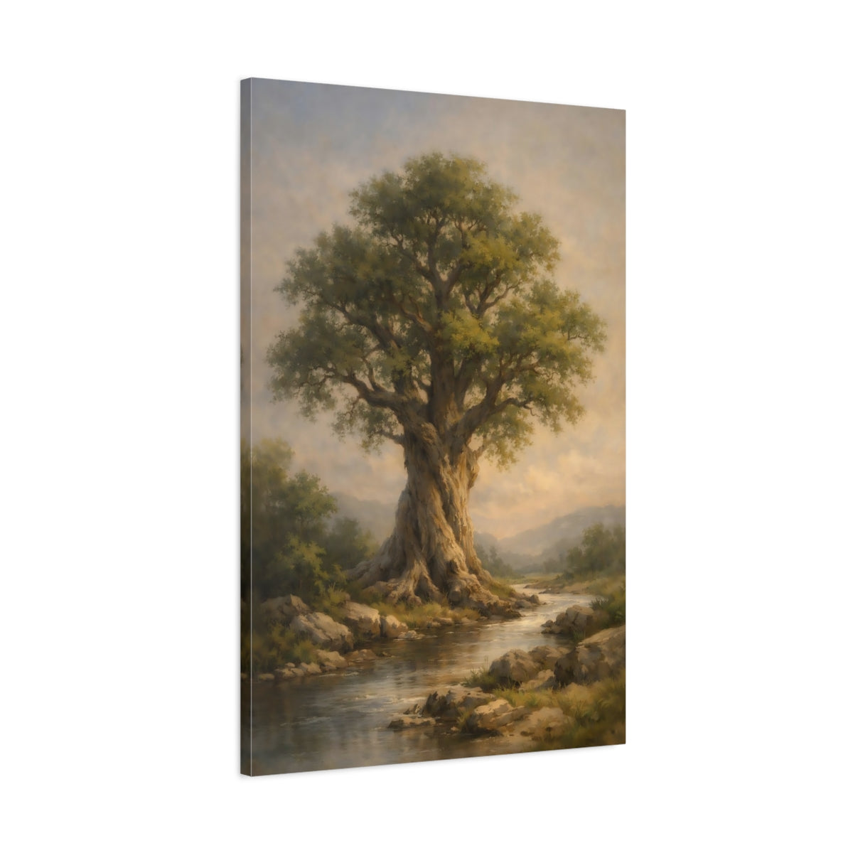 Side Mockup 1. Nature Ancient Tree Green Tree River shown as stretched canvas wall art