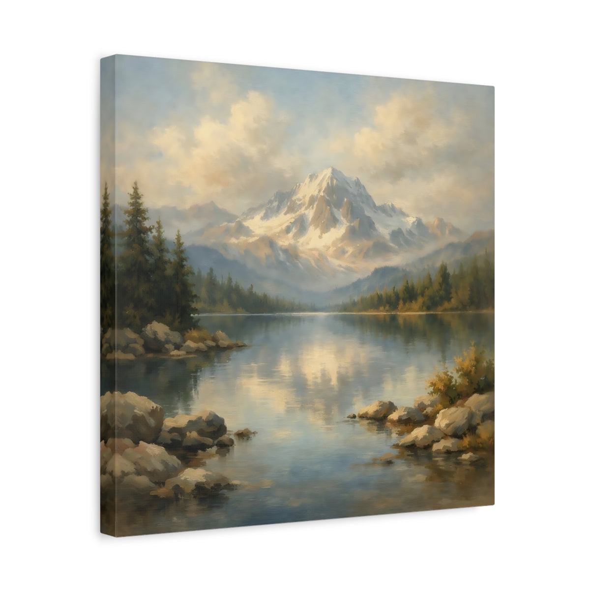 Side Mockup 6. Nature Mountain Lake Mountain Lake Landscape shown as stretched canvas wall art