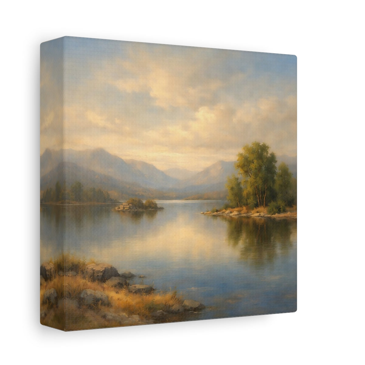 Side Mockup 1. Nature Mountain Lake Misty Landscape shown as stretched canvas wall art