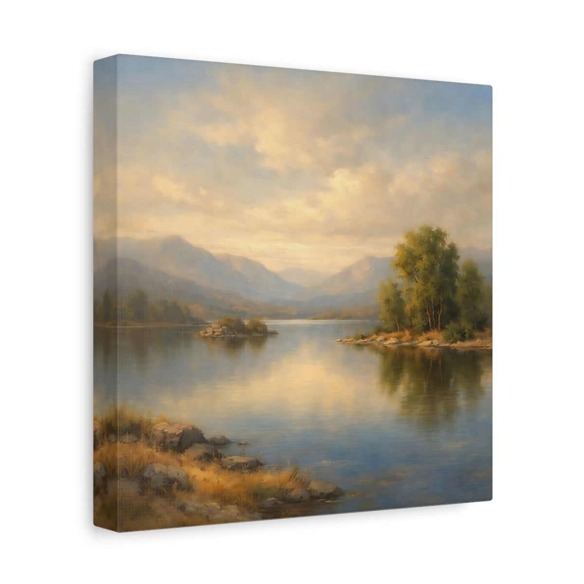 Side Mockup 9. Nature Mountain Lake Misty Landscape shown as stretched canvas wall art