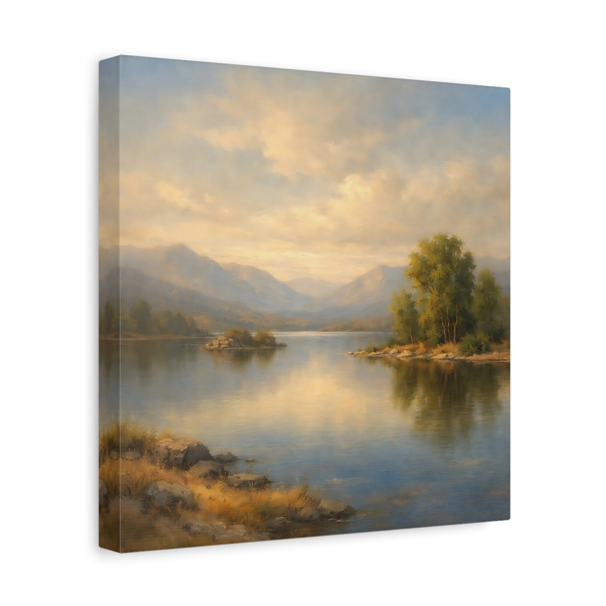 Side Mockup 8. Nature Mountain Lake Misty Landscape shown as stretched canvas wall art