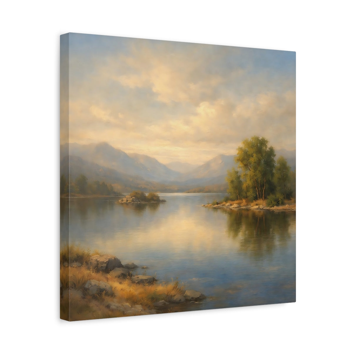 Side Mockup 6. Nature Mountain Lake Misty Landscape shown as stretched canvas wall art