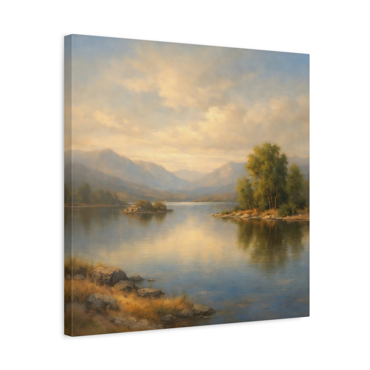 Side Mockup 5. Nature Mountain Lake Misty Landscape shown as stretched canvas wall art