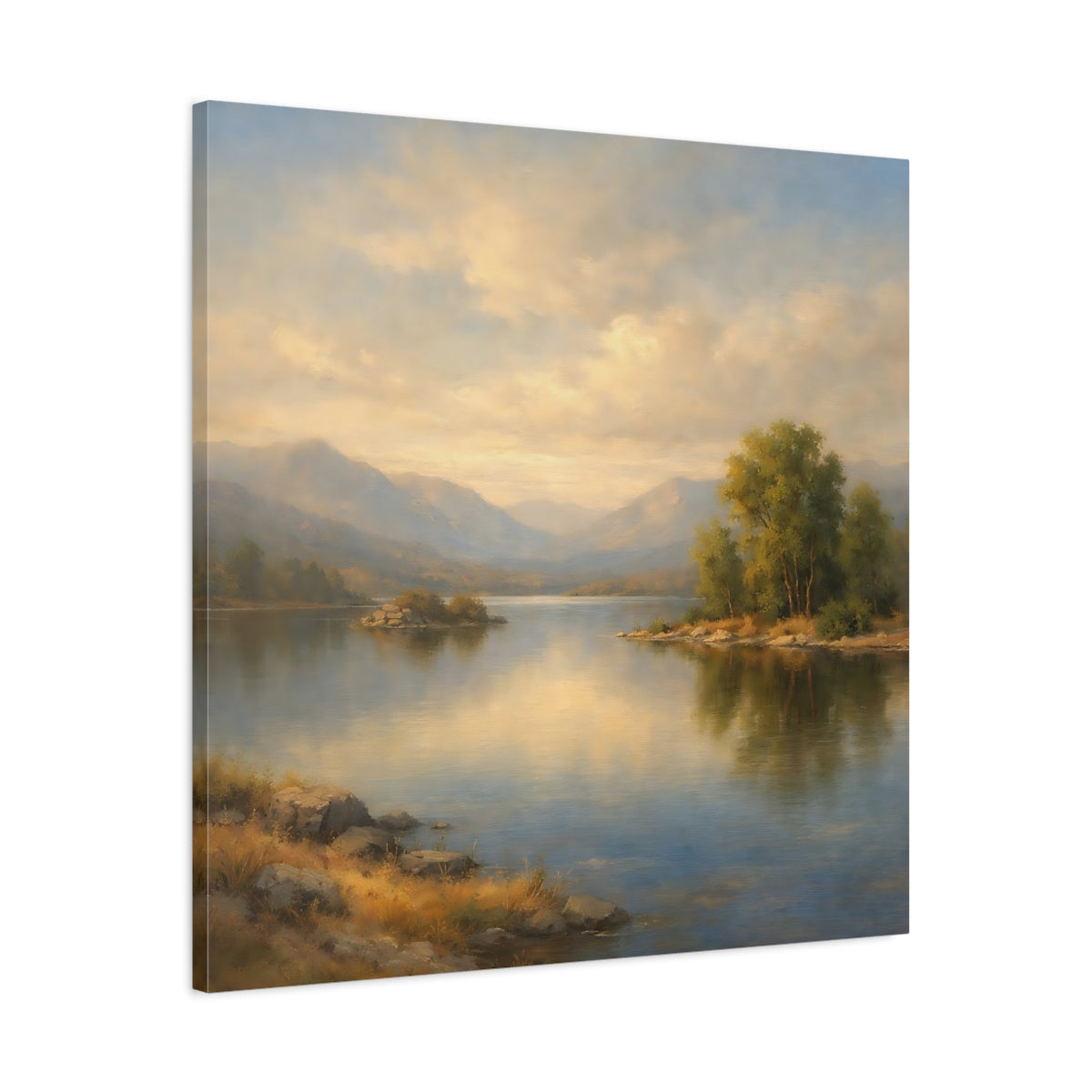 Side Mockup 3. Nature Mountain Lake Misty Landscape shown as stretched canvas wall art