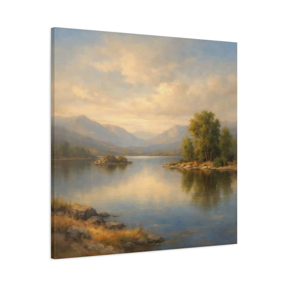 Side Mockup 2. Nature Mountain Lake Misty Landscape shown as stretched canvas wall art