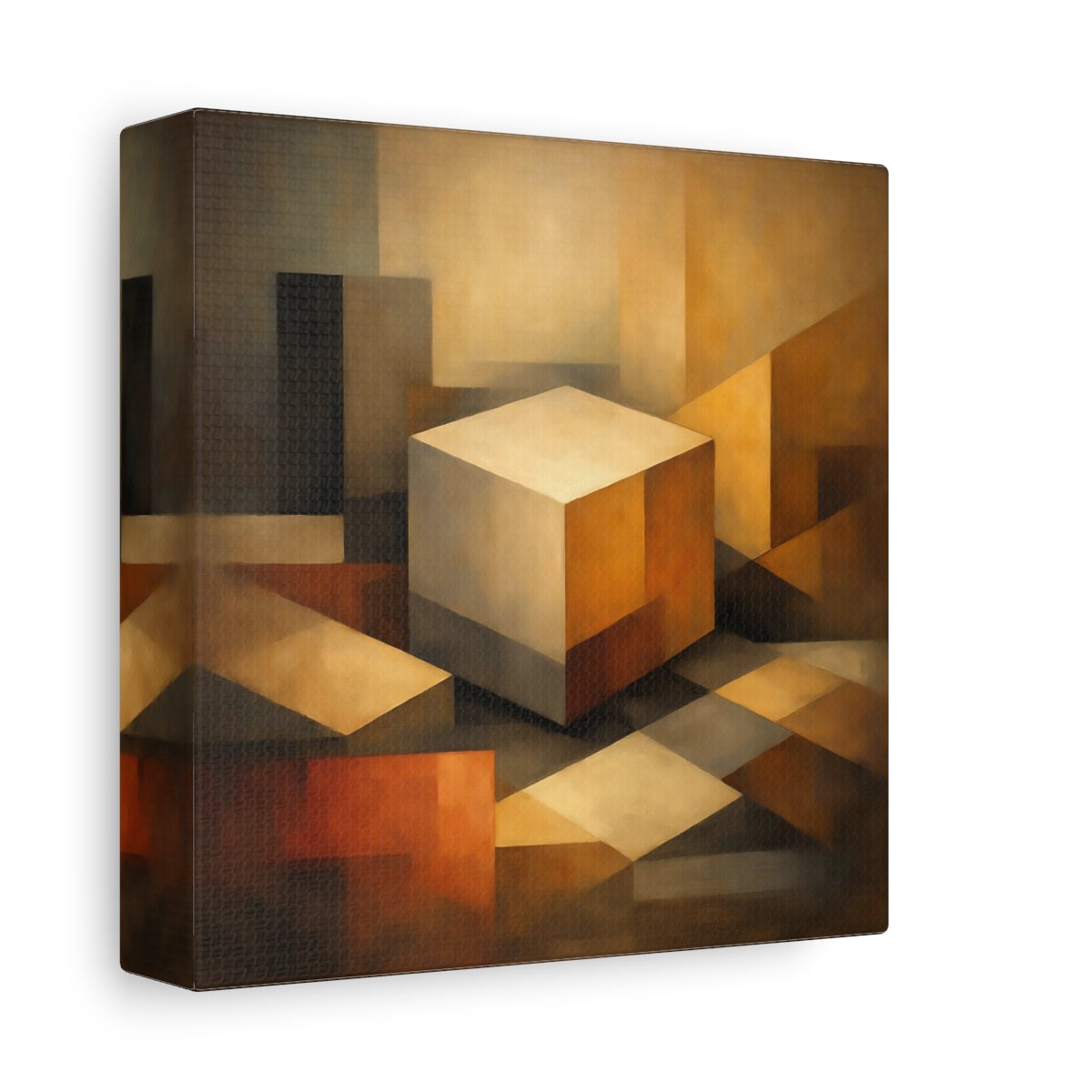 Side Mockup 1. Abstract Geometric Cube Brown Beige Abstract shown as stretched canvas wall art