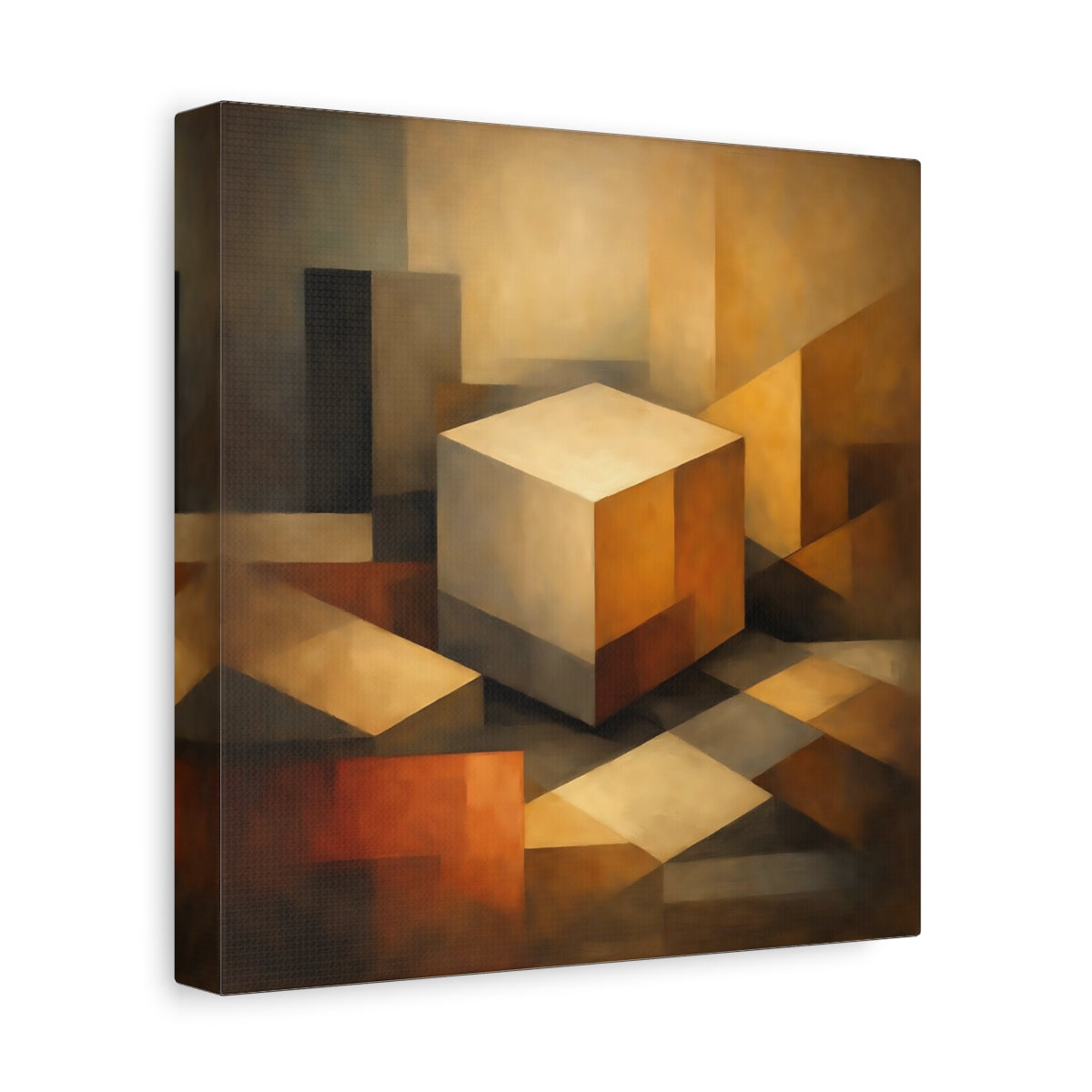 Side Mockup 9. Abstract Geometric Cube Brown Beige Abstract shown as stretched canvas wall art