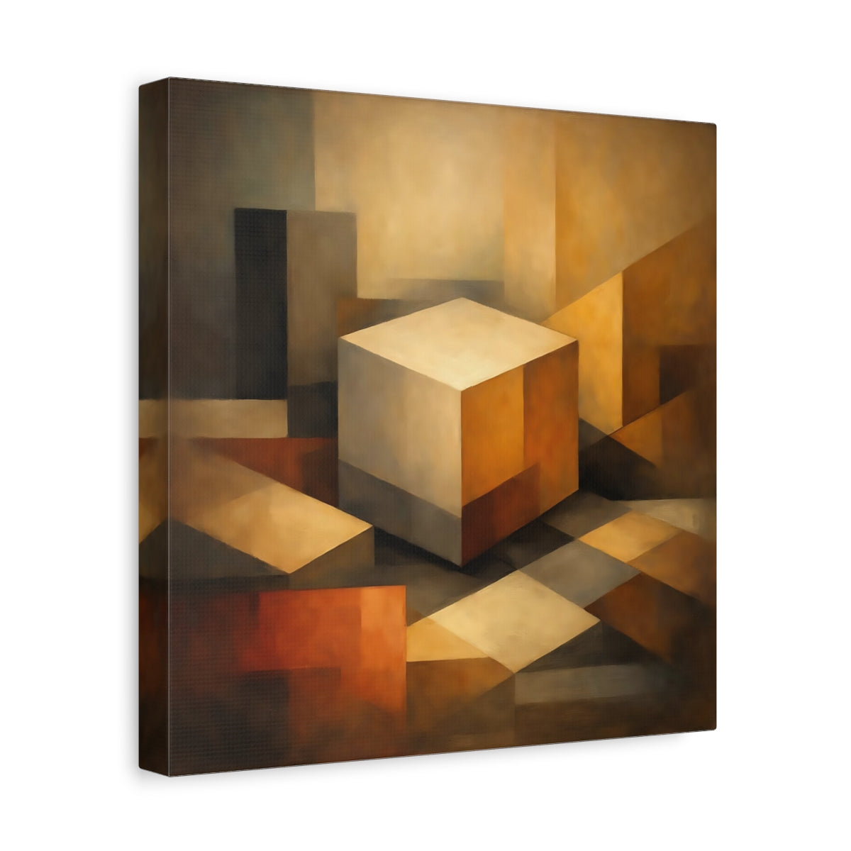 Side Mockup 8. Abstract Geometric Cube Brown Beige Abstract shown as stretched canvas wall art