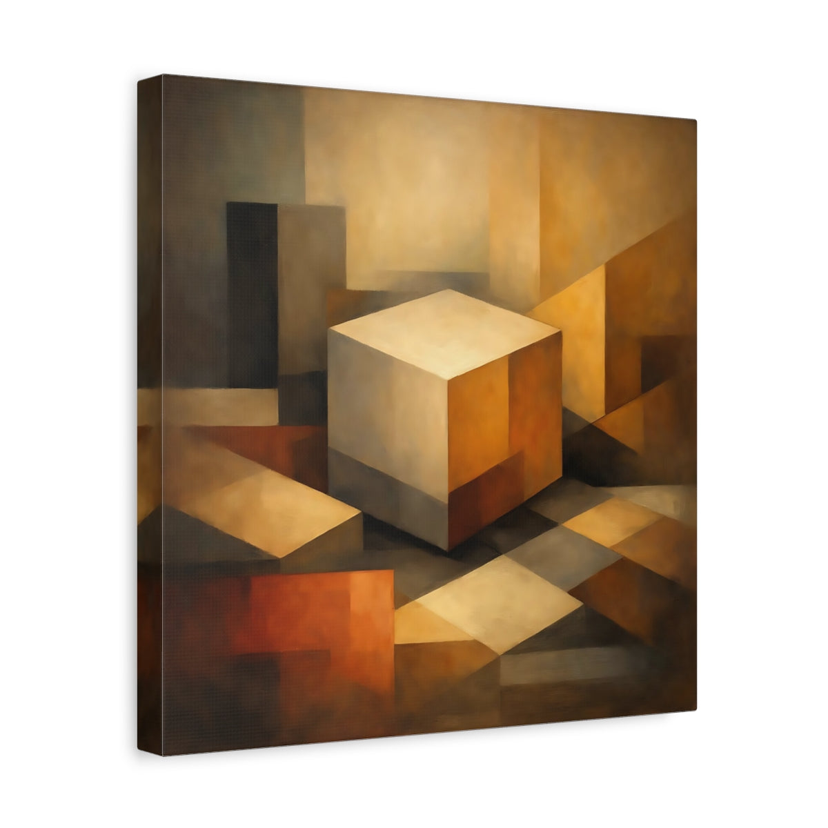 Side Mockup 7. Abstract Geometric Cube Brown Beige Abstract shown as stretched canvas wall art