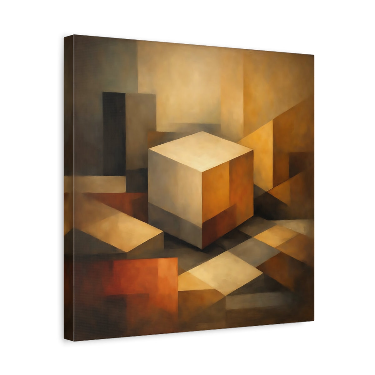 Side Mockup 6. Abstract Geometric Cube Brown Beige Abstract shown as stretched canvas wall art