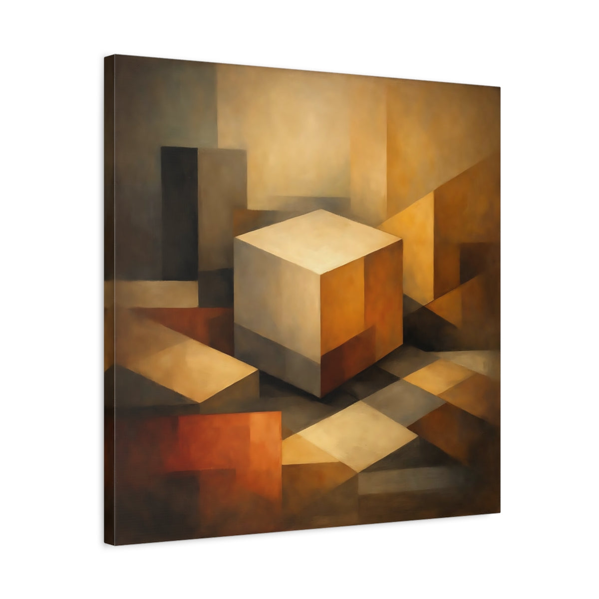 Side Mockup 4. Abstract Geometric Cube Brown Beige Abstract shown as stretched canvas wall art