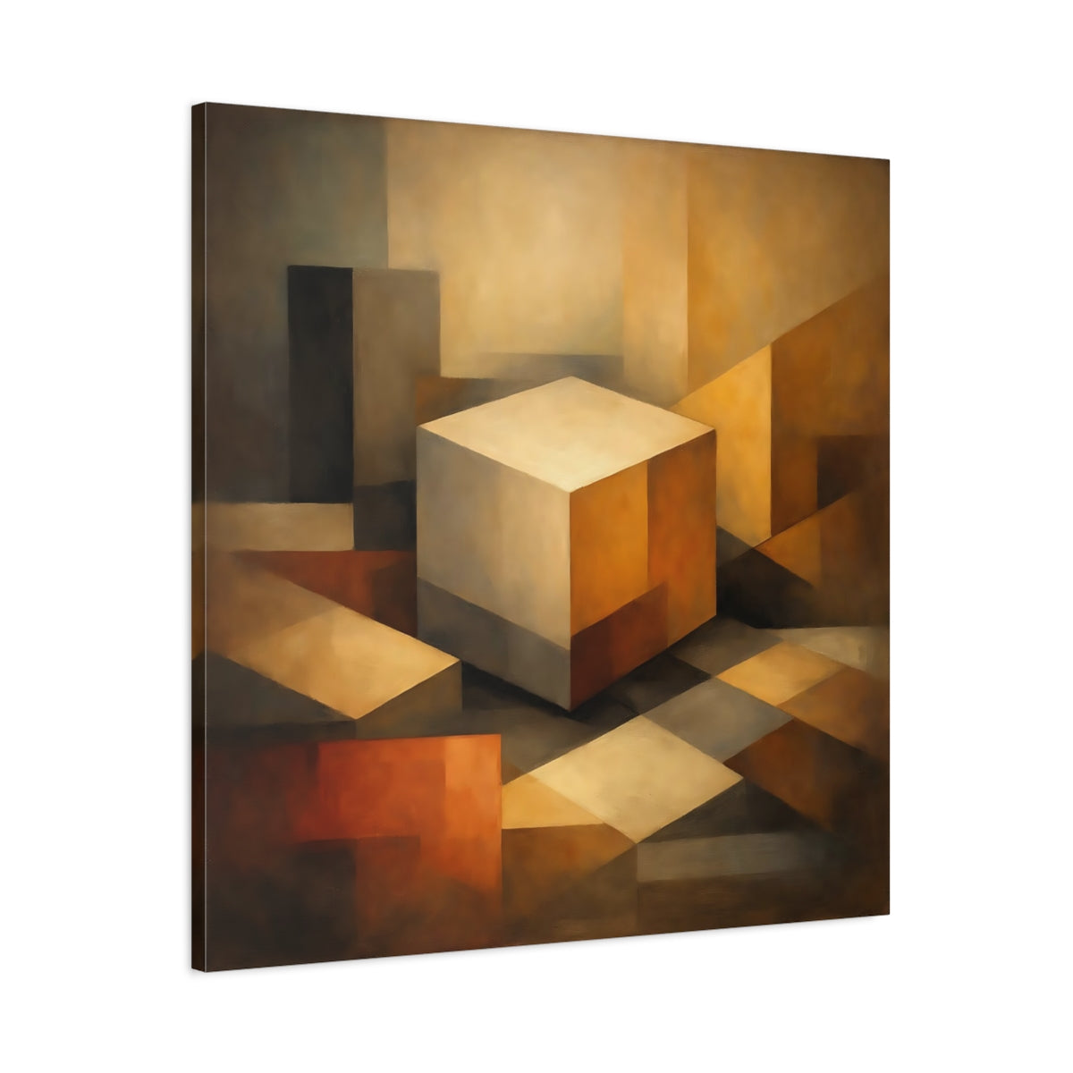 Side Mockup 2. Abstract Geometric Cube Brown Beige Abstract shown as stretched canvas wall art