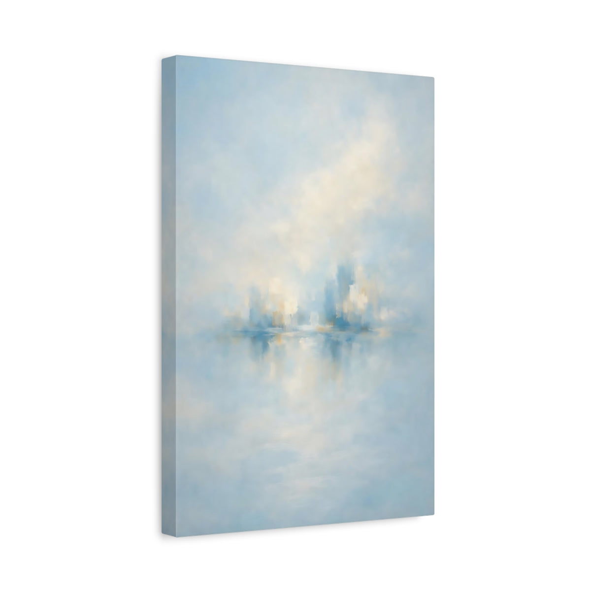 Side Mockup 4. Abstract Abstract City Soft Blue Gold shown as stretched canvas wall art