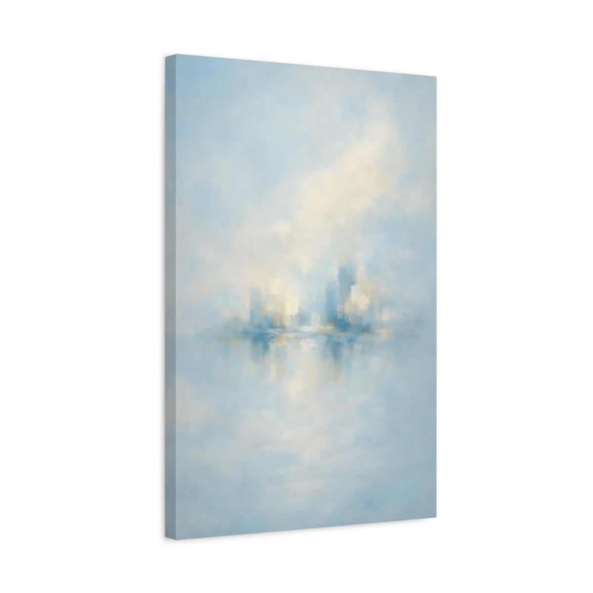 Side Mockup 3. Abstract Abstract City Soft Blue Gold shown as stretched canvas wall art