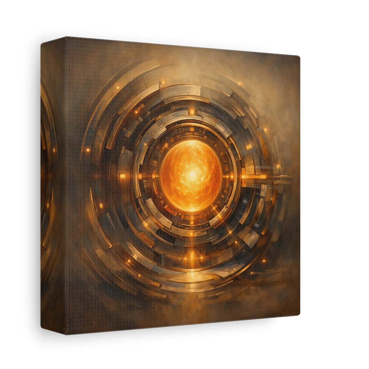 Side Mockup 1. Science Fiction Energy Core Orange Gold Core shown as stretched canvas wall art