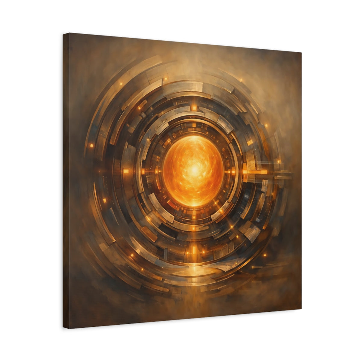 Side Mockup 4. Science Fiction Energy Core Orange Gold Core shown as stretched canvas wall art